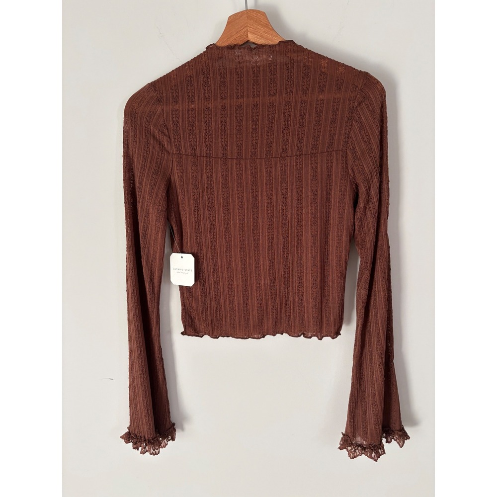 Altar'd State Brown Pointelle Lace Mock Neck Bell Sleeve Top cottagecore NWT M - Picture 2 of 11